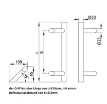 Technische Zeichnung eines Türgriffs mit Maßangaben