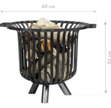Panier à bois de chauffage en métal d''une hauteur de 52 centimètres et d''une largeur de 60 centimètres.