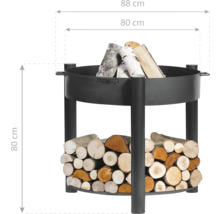 Brasero en acier avec espace de rangement pour le bois et dimensions de 88 x 80 centimètres.