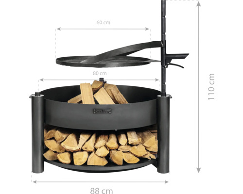 Foyer avec grille et bûches, dimensions 88 x 80 x 110 cm