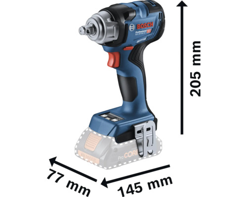 Visseuse à chocs à batterie Bosch avec des dimensions de 205 mm de hauteur, 77 mm de largeur et 145 mm de longueur.