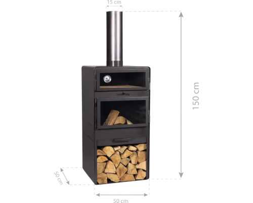 Holzofen mit den Maßen 15 cm, 50 cm und 150 cm.