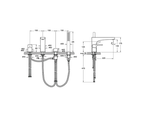 Schéma technique d''un robinet de baignoire avec dimensions.