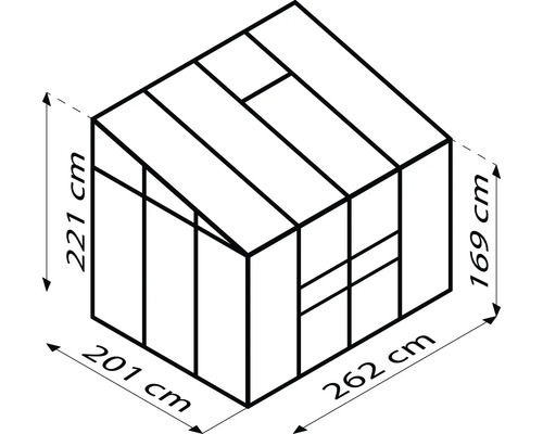 Umrisszeichnung Gewächshaus mit Maßangaben 221 cm Höhe, 201 cm Breite und 262 cm Länge