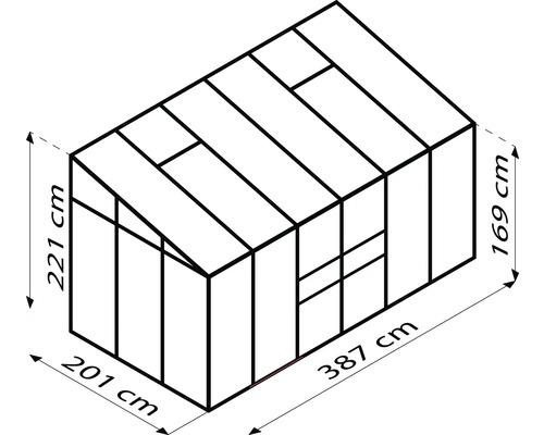 Gewächshaus mit den Maßen 221 cm Höhe, 201 cm Breite, 169 cm Höhe und 387 cm Länge
