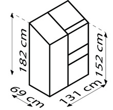 Masszeichnung eines Schranks mit den Massen 182 cm Höhe, 69 cm Breite, 152 cm Höhe und 131 cm Breite