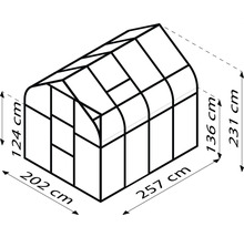Illustration d''une serre mesurant 202 centimètres sur 257 centimètres au sol et 124 et 231 centimètres de haut