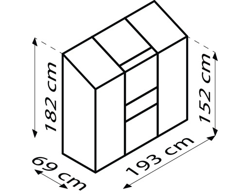 Dessin coté d''une armoire, dimensions: 182 cm de hauteur, 69 cm de largeur et 193 cm de longueur