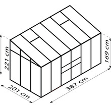Schéma d''une serre avec des dimensions de 221 cm de hauteur, 201 cm de largeur, 169 cm de hauteur et 387 cm de longueur