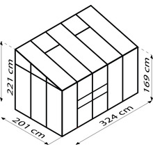Dessin technique d''une serre avec les dimensions suivantes : 221 cm de hauteur, 201 cm de largeur, 169 cm de hauteur et 324 cm de longueur