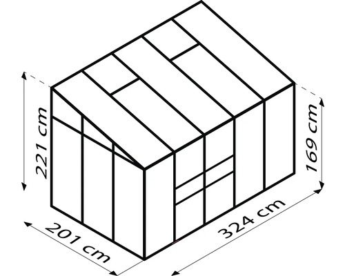 Schéma technique d''une serre avec des dimensions de 221 cm de hauteur, 201 cm de largeur et 324 cm de longueur