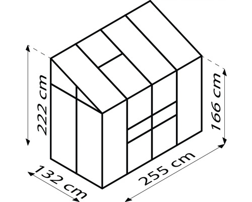 Dessin technique d''une serre avec dimensions : 222 cm de hauteur, 132 cm de largeur et 255 cm de longueur