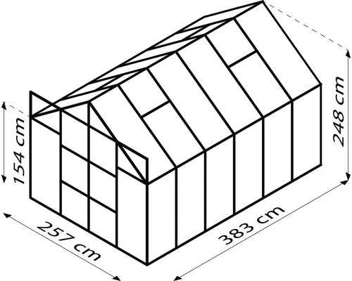 Schéma d''une serre mesurant 257 cm de large, 383 cm de long et 248 cm de haut
