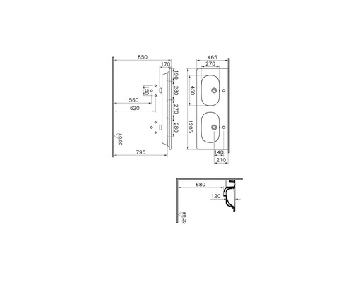 Technische Zeichnung eines Doppelwaschtisches mit Maßen