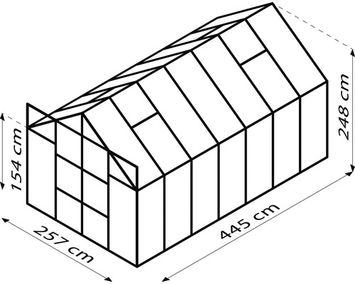 Schéma d''une serre mesurant 257 cm x 445 cm x 248 cm