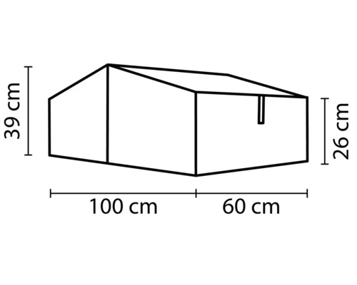 Schéma coté d''une cabane de jardin avec des dimensions de 100 x 60 x 39 x 26 centimètres