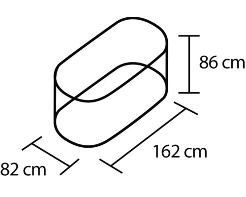 Schéma d''une paroi de baignoire avec les dimensions suivantes : 162 cm de long, 82 cm de large et 86 cm de haut.