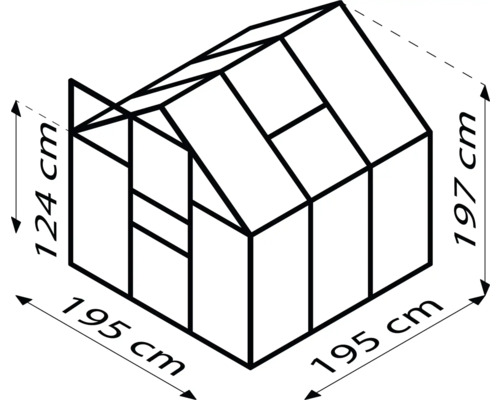 Skizze eines Gewächshauses mit den Maßen 195 x 195 x 197 cm und einer Seitenhöhe von 124 cm.