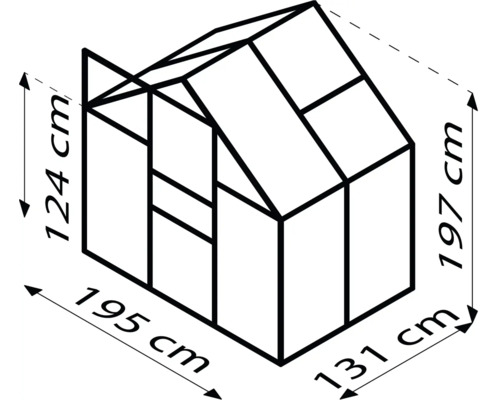 Dimensions d''une serre : 124 cm de hauteur à l''avant, 197 cm de hauteur totale, 195 cm de largeur, 131 cm de profondeur.