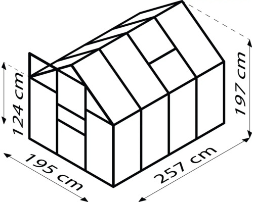 Zeichnung eines Gewächshauses mit Abmessungen: 124 cm Höhe vorne, 197 cm Höhe hinten, 195 cm Breite und 257 cm Länge