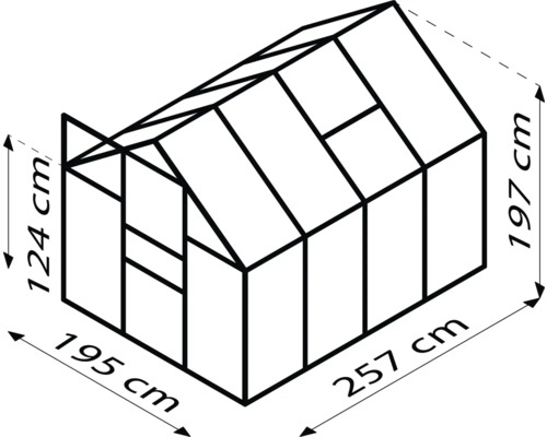 Abbildung eines Gewächshauses mit den Maßen 124 cm Höhe, 195 cm Breite und 257 cm Länge.