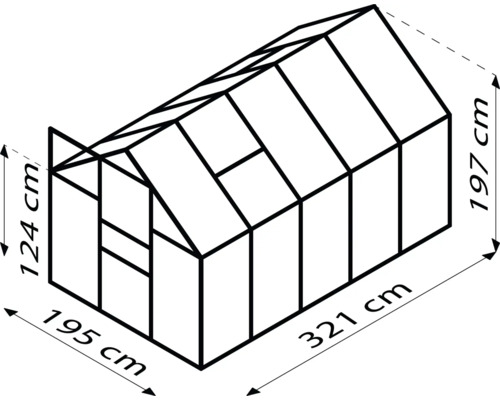 Zeichnung eines Gewächshauses mit den Maßen 124 cm Höhe, 195 cm Breite, 197 cm Höhe und 321 cm Länge.