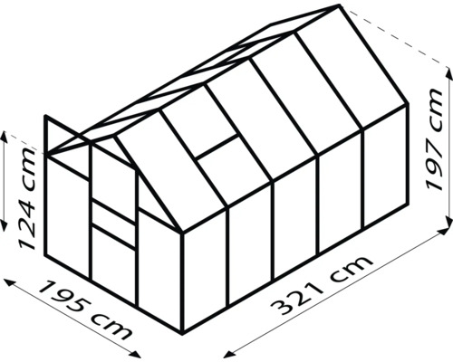 Abbildung eines Gewächshauses mit Maßangaben: 124 cm Höhe vorne, 197 cm Höhe hinten, 195 cm Tiefe und 321 cm Breite.