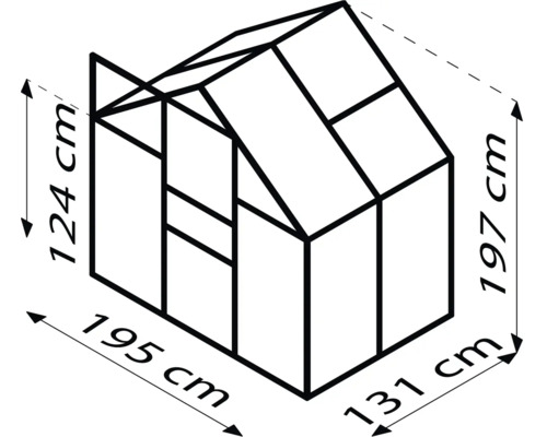 Schéma technique d''une serre avec dimensions : 124 cm de hauteur à l''avant, 197 cm de hauteur à l''arrière, 195 cm de largeur, 131 cm de profondeur.