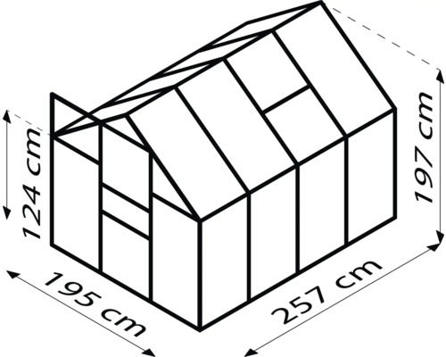 Schéma de la serre avec des dimensions de 257 cm de longueur, 195 cm de largeur et 197 cm de hauteur