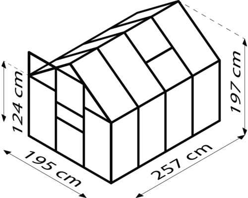 Abmessungen Gewächshaus: 195 mal 257 mal 197/124 Zentimeter