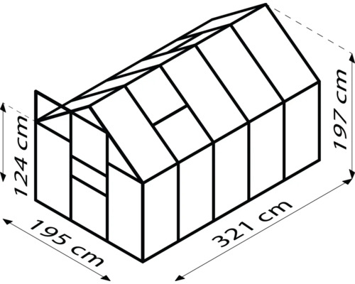 Schéma d''une serre de dimensions 321 cm de longueur, 195 cm de largeur et 197 cm de hauteur.