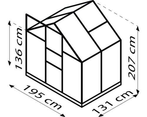Schéma d''une serre avec les dimensions suivantes : 136 cm de hauteur à l''avant, 207 cm de hauteur à l''arrière, 195 cm de largeur et 131 cm de profondeur.