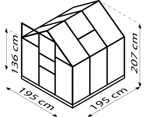 Illustration d''une serre mesurant 195 cm x 195 cm x 207 cm