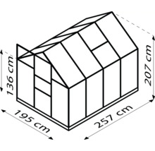 Abmessungen des Gewächshauses: 136 Zentimeter Höhe vorne, 207 Zentimeter Höhe hinten, 195 Zentimeter Breite und 257 Zentimeter Länge.