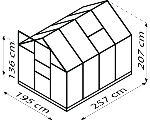 Dessin d''une serre avec des dimensions de 257 sur 195 sur 207 centimètres