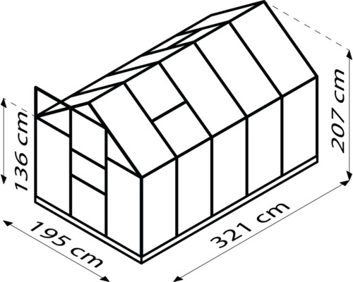 Zeichnung eines Gewächshauses mit den Maßen 195 mal 321 mal 207 Zentimeter.