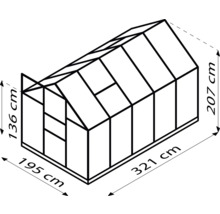 Schema des Gewächshauses mit Maßangaben in Zentimetern