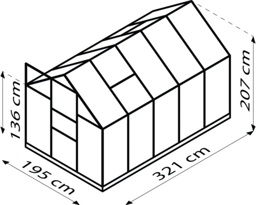 Abbildung eines Gewächshauses mit den Massen 195 cm Breite, 321 cm Länge und 207 cm Höhe.