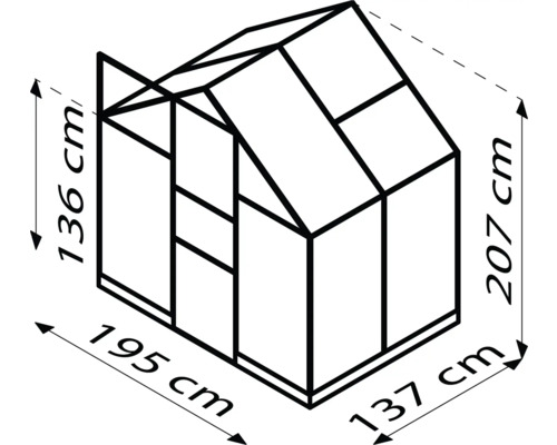 Image d''une serre avec des dimensions de 136 cm de hauteur, 195 cm de largeur, 207 cm de hauteur et 137 cm de profondeur.