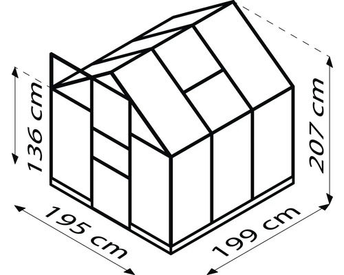 Schéma technique d''une serre avec des dimensions de 136 cm de hauteur, 195 cm de largeur et 207 cm de hauteur.