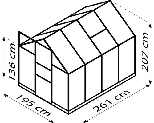 Dimensions de la serre: 261 cm de longueur, 195 cm de largeur, 207 cm de hauteur, 136 cm de hauteur latérale