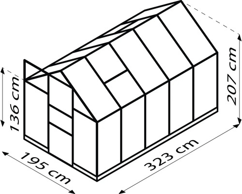 Illustration d''une serre avec les dimensions 195 cm x 323 cm x 207 cm