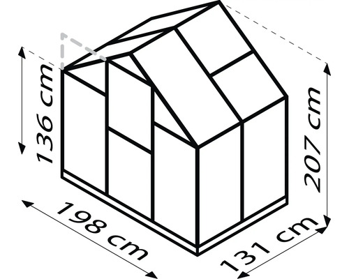 Schéma d''une serre avec dimensions : 136 cm, 198 cm, 131 cm et 207 cm