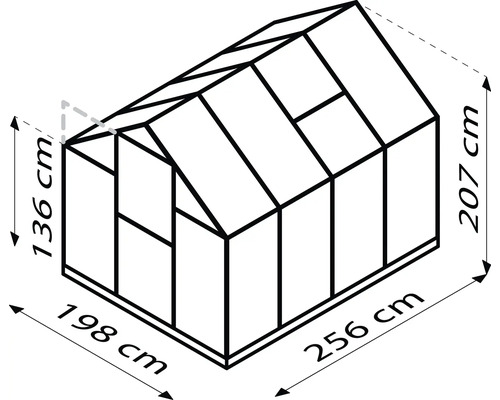 Schéma de la serre avec des dimensions de 198 cm de largeur, 256 cm de profondeur et 207 cm de hauteur