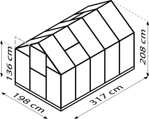 Schéma d''une serre avec dimensions : 136 cm de hauteur à l''avant, 208 cm de hauteur à l''arrière, 198 cm de largeur et 317 cm de longueur