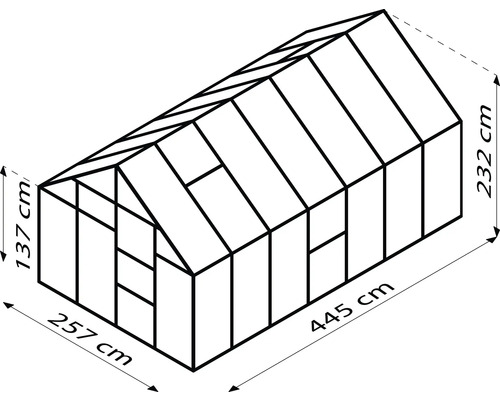 Schema eines Gewächshauses mit den Massen 232 cm Höhe, 257 cm Breite und 445 cm Länge