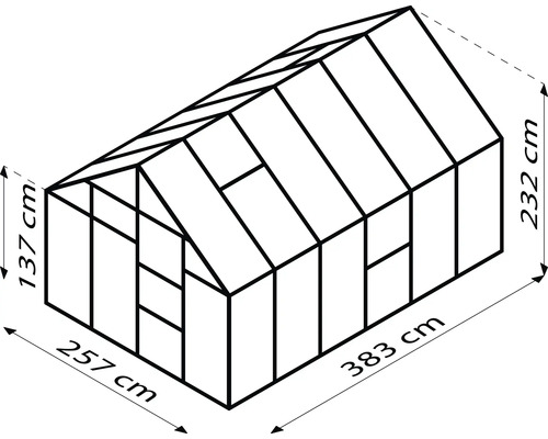 Zeichnung eines Gewächshauses mit den Maßen 257 cm Breite, 383 cm Länge und 232 cm Höhe.