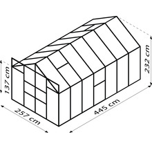 Abbildung eines Gewächshauses mit den Maßen 257 cm x 445 cm und einer Höhe von 232 cm