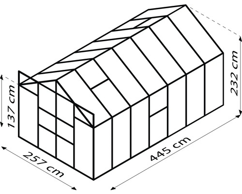 Dimensions d''une serre : 257 cm de large, 445 cm de long et 232 cm de haut.