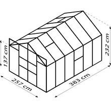 Schema eines Gewächshauses mit den Maßen 257 mal 383 mal 232 Zentimeter